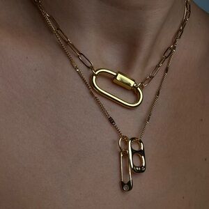 Celine13 18K Gold Plated Stainless Steel Safety Pin Soda Tab & Lock Necklace Set